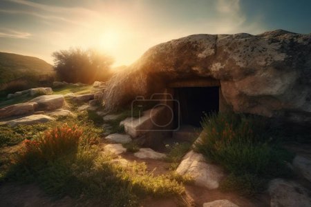 Foto de Paisaje primaveral aislado en una cueva de piedra marrón en un claro en un área abierta. foso de piedra al estilo de la cueva de Belén - Imagen libre de derechos