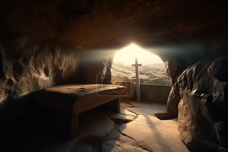 Blick aus einer bewohnten Steinhöhle mit Holzbänken. Die Strahlen der Frühlingssonne erhellen den Steingraben über dem orthodoxen Kreuz. Religiöses Konzept des strahlenden Osterfestes