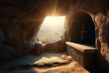 View from an inhabited stone cave with wooden benches. The rays of the spring sun illuminate the stone moat overlooking the Orthodox cross. Religious concept of the bright holiday of Easter