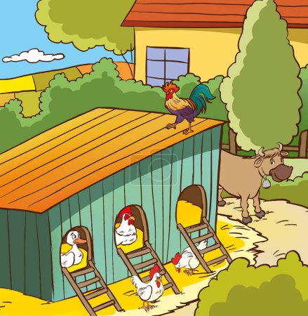 Téléchargez les illustrations : Image vectorielle d'une ferme animalière avec des canards et un canard - en licence libre de droit