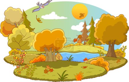 Ilustración de Escena del bosque de dibujos animados con hermosa ilustración del paisaje para los niños - Imagen libre de derechos