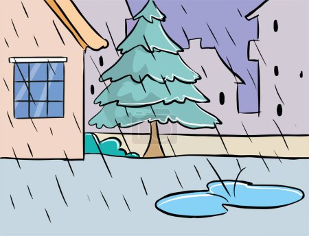 Ilustración de Ilustración de un paisaje de otoño de dibujos animados con nieve - Imagen libre de derechos