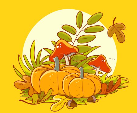Illustration for Autumn leaves and mushrooms cartoon vector illustration graphic design - Royalty Free Image