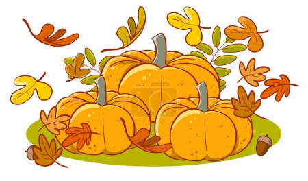 Ilustración de Ilustración vectorial del día de acción de gracias con calabaza, manzanas y hojas, aisladas sobre fondo blanco. - Imagen libre de derechos