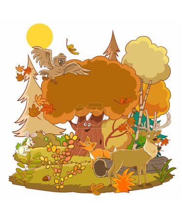 Ilustración de Escena de dibujos animados con animales en el fondo del bosque para niños ilustración - Imagen libre de derechos