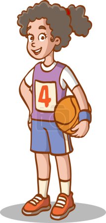Téléchargez les illustrations : Dessin animé fille heureuse jouer au basket - en licence libre de droit