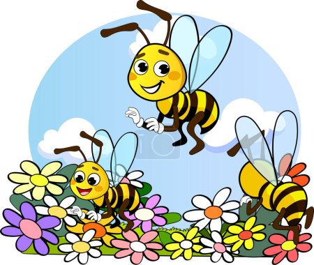 Illustration for Bee and flowers in the garden illustration - Royalty Free Image