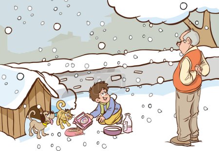 Illustration for Boy and his grandfather feeding stray animals while it is snowing - Royalty Free Image