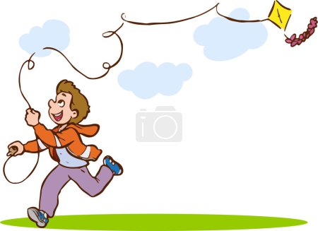 Téléchargez les illustrations : Garçon volant un cerf-volant vectoriel illustration - en licence libre de droit