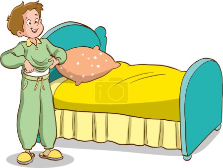 Téléchargez les illustrations : Illustration de dessin animé de jeune garçon heureux en pyjama - en licence libre de droit