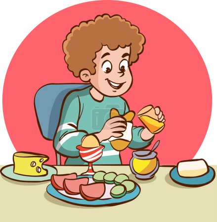 Téléchargez les illustrations : Garçon avec petit déjeuner dessin animé - en licence libre de droit