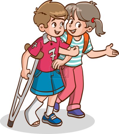 Illustration for Cartoon illustration of boy helping his friend walking with crutches- - Royalty Free Image