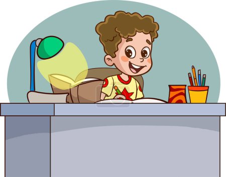 Téléchargez les illustrations : Petit garçon mignon étudier à son bureau dessin animé vecteur - en licence libre de droit