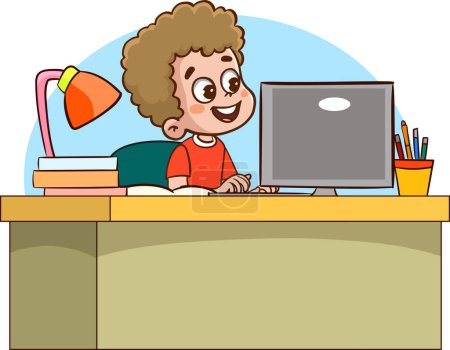 Ilustración de Niños lindos felices estudiando en la computadora en la mesa - Imagen libre de derechos