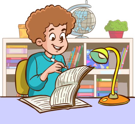 Téléchargez les illustrations : Petit garçon mignon étudier à son bureau dessin animé vecteur - en licence libre de droit