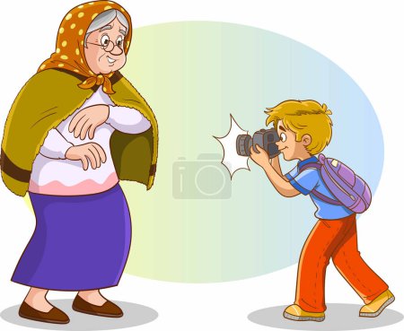 Ilustración de Una abuela y un nieto tomando fotos de una cámara - Imagen libre de derechos