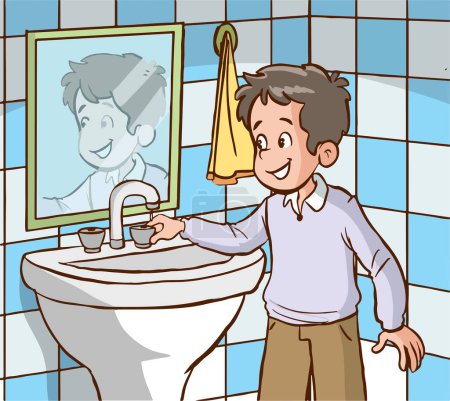 Téléchargez les illustrations : Garçon éteindre le robinet dans la salle de bain - en licence libre de droit