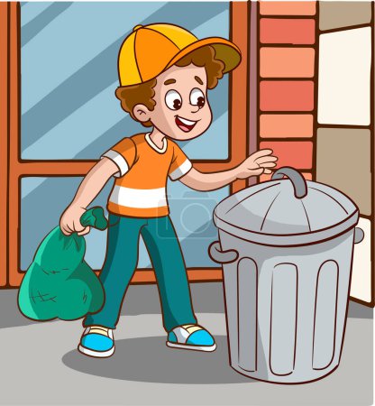 Ilustración de Un chico de dibujos animados limpiando basura - Imagen libre de derechos