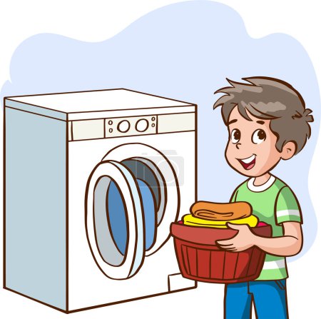 Illustration for Boy washing machine in front of cartoon character illustration - Royalty Free Image
