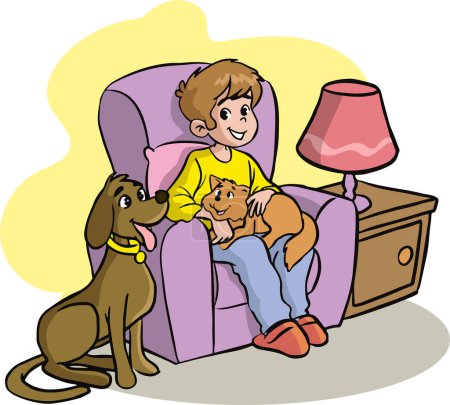 Téléchargez les illustrations : Garçon avec chien et chat - en licence libre de droit