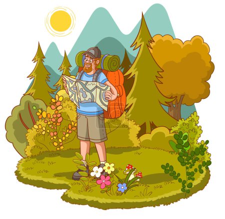 Illustration for Hiker man with map in the woods. - Royalty Free Image