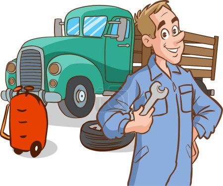 Téléchargez les illustrations : Homme tenant une voiture et des outils - en licence libre de droit