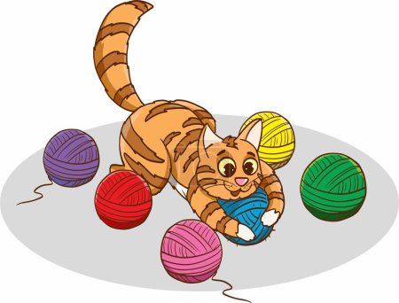Ilustración de Lindo gato de dibujos animados jugando con bolas de cuerda - Imagen libre de derechos