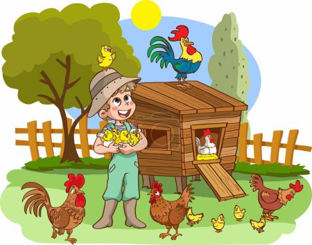 Illustration for Farmer with chickens and chickens illustration - Royalty Free Image
