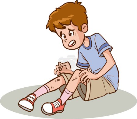 Ilustración de Niño de dibujos animados en ropa casual con la pierna vendada. - Imagen libre de derechos