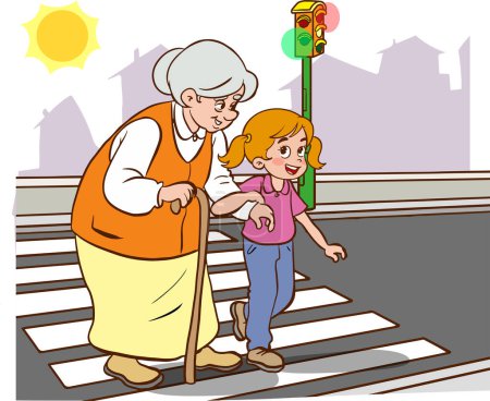 Ilustración de Ilustración de dibujos animados de la madre con la niña caminando por la calle con una linterna - Imagen libre de derechos