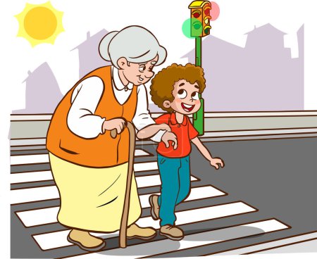 Téléchargez les illustrations : Dessin animé heureuse vieille femme et enfant - en licence libre de droit