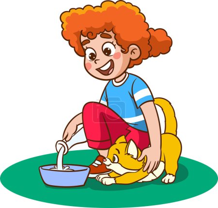 Illustration for Cartoon boy playing with a cat on the table - Royalty Free Image