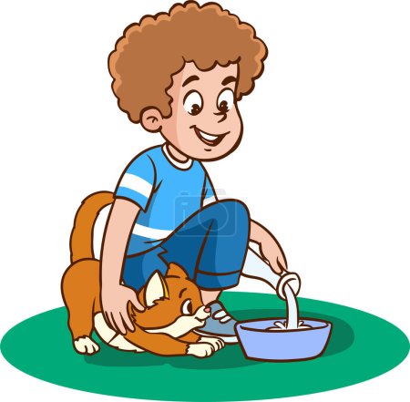 Téléchargez les illustrations : Illustration d'un garçon et d'un chat - en licence libre de droit