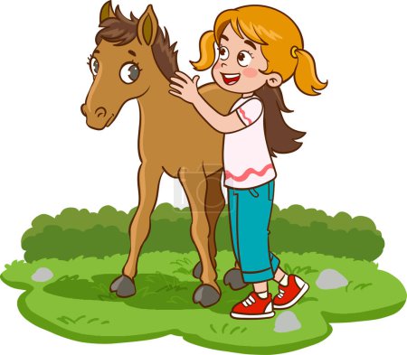 Téléchargez les illustrations : Fille avec son animal de compagnie cheval illustration - en licence libre de droit