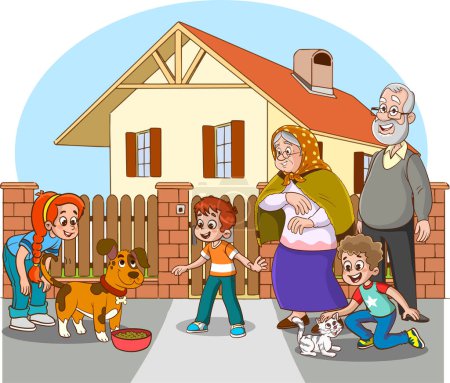 Téléchargez les illustrations : Famille avec animaux domestiques dans la maison illustration - en licence libre de droit