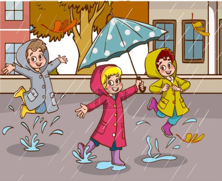 Téléchargez les illustrations : Illustration vectorielle d'un groupe d'enfants sous la pluie - en licence libre de droit