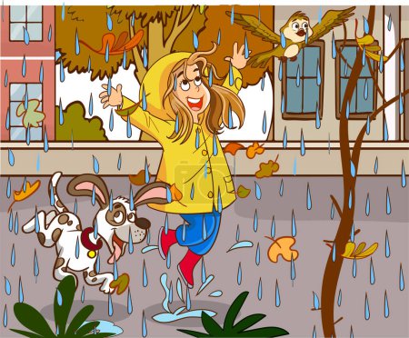 Illustration for Girl with dog in the rain - Royalty Free Image