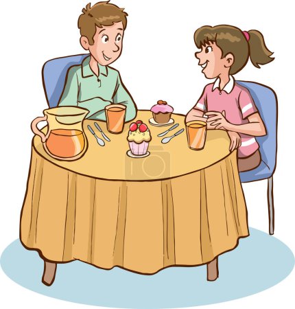 Téléchargez les illustrations : Illustration d'un enfant mangeant du gâteau à table - en licence libre de droit