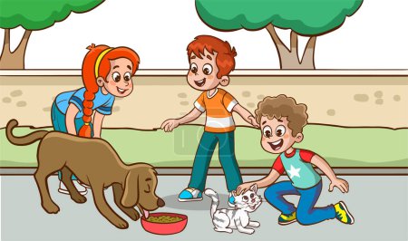 Illustration for Children feeding stray animals - Royalty Free Image