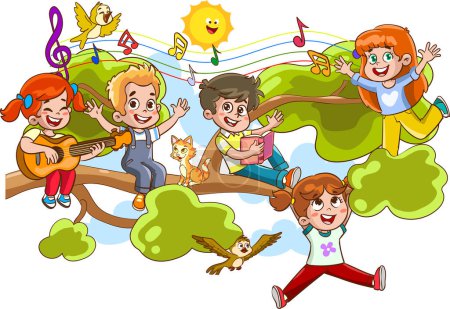 Téléchargez les illustrations : Des enfants accrochés à une branche d'arbre par une journée ensoleillée - en licence libre de droit