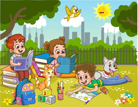 Téléchargez les illustrations : Enfants jouant et lisant livre - en licence libre de droit