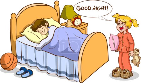 Téléchargez les illustrations : Les enfants dorment et se réveillent. Les gens disent bonjour et bonne nuit - en licence libre de droit