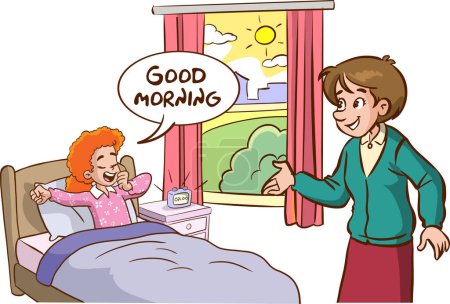 Illustration for Children sleeping and waking up. People saying good morning and good night - Royalty Free Image