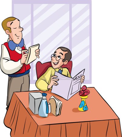 Ilustración de Cliente y camarero en restaurante - Imagen libre de derechos
