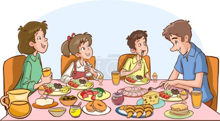 Téléchargez les illustrations : Famille à table dans le restaurant - en licence libre de droit