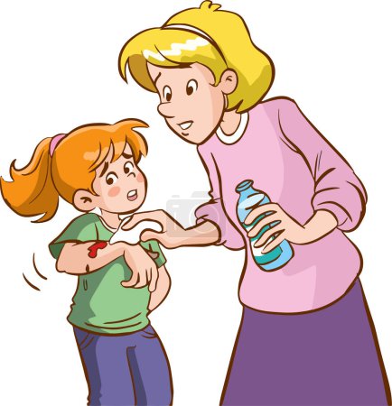 Illustration for Cute girl treats her injured mother - Royalty Free Image