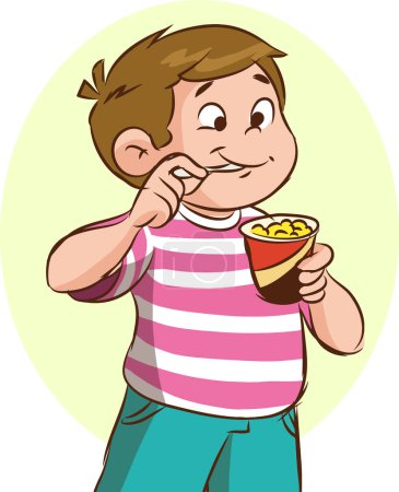 Ilustración de Ilustración de un joven feliz comiendo maíz y palomitas de maíz. - Imagen libre de derechos