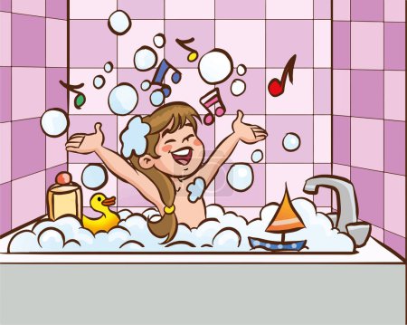 Téléchargez les illustrations : Dessin animé fille prendre un bain - en licence libre de droit