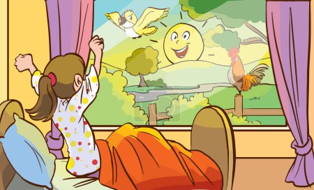 Illustration for Girl in the window at a cartoon house - Royalty Free Image