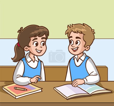 Ilustración de Ilustración de un joven estudiante feliz haciendo un examen en el aula - Imagen libre de derechos
